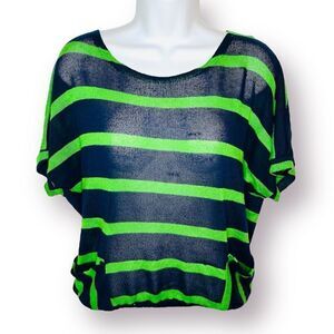 Chris & Carol Open Knit Dolman Short Sleeve Green Stripe Sweater Navy Blue S